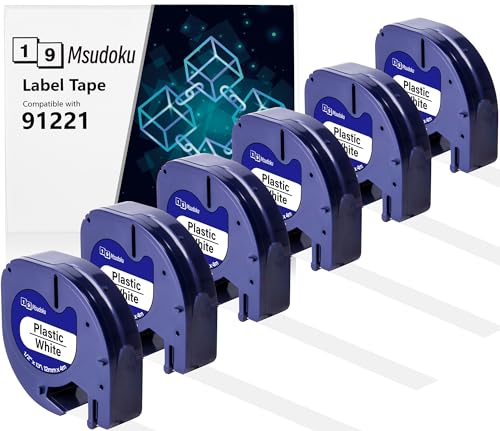 6x Msudoku Kompatibel für Dymo 91221 91201 S0721660 12mm x 4m Etikettenband Kompatibel für Dymo Kunststoff White Schriftband für Dymo LetraTag XR XM LT100H LT100T QX50 2000, Schwarz auf Weiß von Msudoku