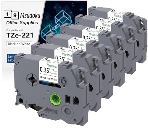 6x Msudoku TZe-221 Kompatibel mit Brother P Touch Bänder 9mm 0.35 TZe221 TZ-221 Weiß Schriftband Kompatibel für PTD210 PTD220 PTD600 PT-D410, 9mm x 8m von Msudoku