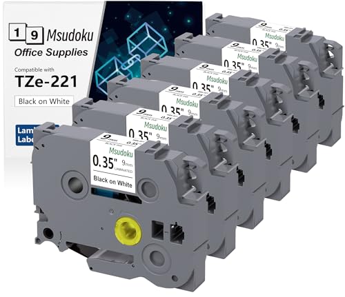 6x Msudoku TZe-221 Kompatibel mit Brother P Touch Bänder 9mm 0.35 TZe221 TZ-221 Weiß Schriftband Kompatibel für PTD210 PTD220 PTD600 PT-D410, 9mm x 8m von Msudoku