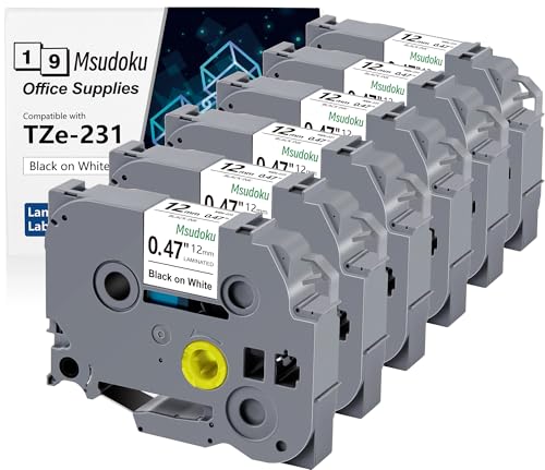 6x Msudoku TZe-231 kompatibel mit Brother TZe231 TZ231 TZ 12mm 0.47 Laminiert Weiß Schriftband für Brother Etikettendrucker PT-D200 PT-D410 PT-H110 PT-H105 PT-H107B PT-H100R PT-E100 PT-1000 von Msudoku