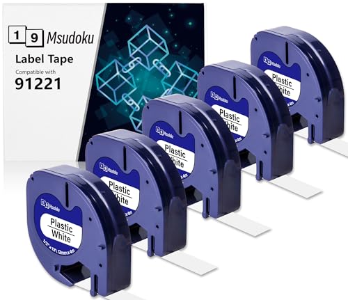 5x Msudoku 91221 Kompatibel Dymo Letratag Etikettenband 12mm x 4m Ersatz für Dymo Letratag XR Bänder Schwarz auf Weiß Kunststoff S0721660 Schriftband für Dymo LT100H LT100T QX50 XR XM 200B von Msudoku