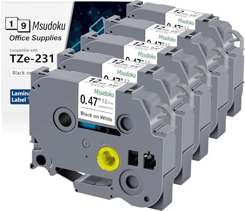 5x Msudoku TZe-231 Kompatible für Brother P Touch Bänder TZe231 TZ-231 TZ231 12mm 0.47 Laminiert Weiß Schriftband für P Touch PTD200 PTD410 PTH110, Schwarz auf Weiß von Msudoku