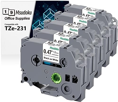 5x Msudoku TZe-231 Kompatible für Brother P Touch Bänder TZe231 TZ-231 TZ231 12mm 0.47 Laminiert Weiß Schriftband für P Touch PTD200 PTD410 PTH110, Schwarz auf Weiß von Msudoku