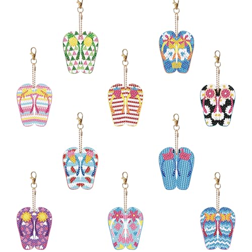 10 Stück Doppelseitig 5D Diamond Painting Anhänger,DIY Diamant Malerei Schlüsselanhänger Kits für Kinder Erwachsene,Sommer Strand Flip-Flops Muster Schlüsselbund Malerei Kunst Ornamente (Farbe-2) von Mtbricey