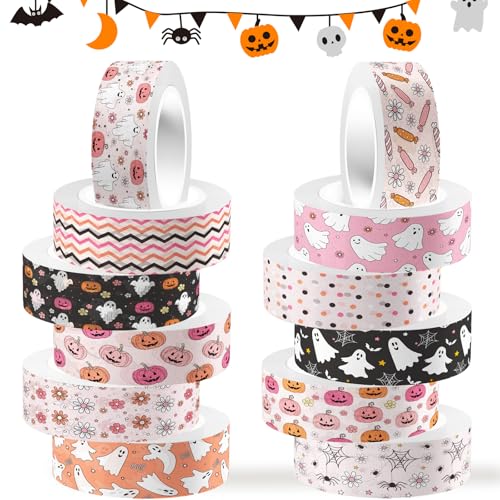 12 Rolls Halloween Washi Tape Süße Rosa Washi Klebeband DIY Feiertag Dekorative Tapes Ghost Kürbis Spinnen Web Süßigkeit Ästhetische Klebeband Pastell Masking Klebeband für Kunsthandwerk Scrapbooking von Mtbricey