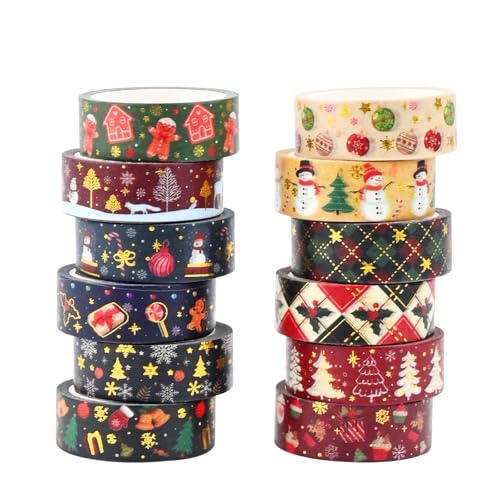 12 Rolls Weihnachten Washi Tape Set Gold Folie Dekorative Urlaubsbänder Multi-Muster Maskierung Klebeband Japanische Papier Aufkleber Kunsthandwerksband für Geschenkverpackung Scrapbooking (Style B) von Mtbricey