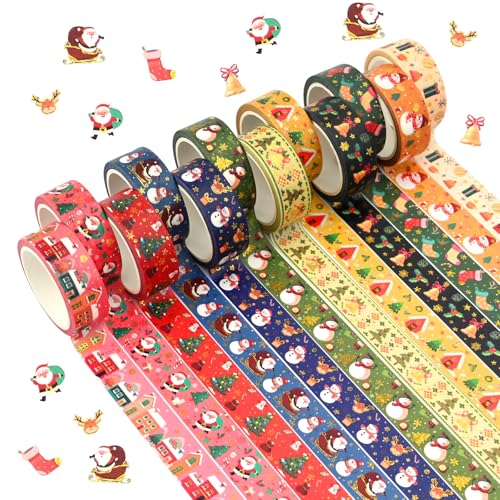 12 Rolls Weihnachten Washi Tape Set Gold Folie Dekorative Urlaubsbänder Multi-Muster Maskierung Klebeband Japanische Papier Aufkleber Kunsthandwerksband für Geschenkverpackung Scrapbooking (Style A) von Mtbricey