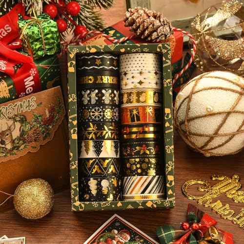 17 Rollen Weihnachten Washi Tape Set,Schwarzes Gold Dekoband Masking Tape Dekorative Selbstklebendes Papier Klebeband Weihnachten Kunst Handwerk Tape DIY Scrapbooking Geschenkverpackung Dekorationen von Mtbricey