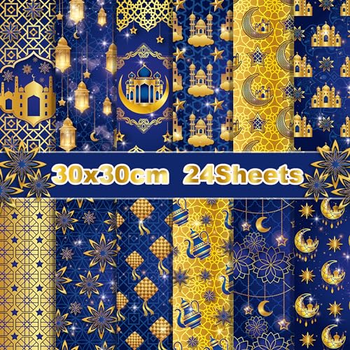 24 Blatt Eid Mubarak Scrapbooking Papier Ramadan Dekorpapier Bastelpapier Block mit Muster Eid Geschenkpapier 30x30cm Mond Stern Decoupage Papier Dekorativ Motivpapier für DIY Kartenherstellung von Mtbricey