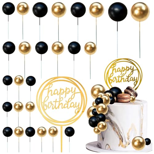 27 Stück Schwarz Goldene Kuchendekoration Kugel Kuchenaufsatz Acryl Kuchenaufsatz Stäbchen Mini Schaumstoffball Cupcake Aufsatz Acryl Dick Paddel Kuchendekoration für Hochzeit Geburtstag Party von Mtbricey