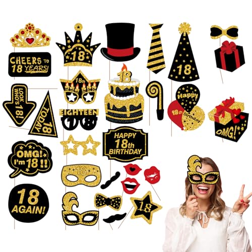 29 Stück Fotokabinen Requisiten zum 18. Geburtstag Schwarzes Gold Selfie Foto Requisiten mit Bambusstäben Dekorationen zum 18. Geburtstag Gastgeschenke Lustiges DIY-Set für Jungen Mädchen von Mtbricey