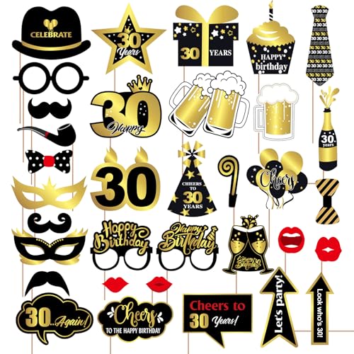 34 Stück Fotokabinen Requisiten zum 30. Geburtstag Schwarzes Gold Selfie Foto Requisiten mit Bambusstäben Dekorationen zum 30. Geburtstag Gastgeschenke Lustiges DIY-Set für Männer und Frauen von Mtbricey