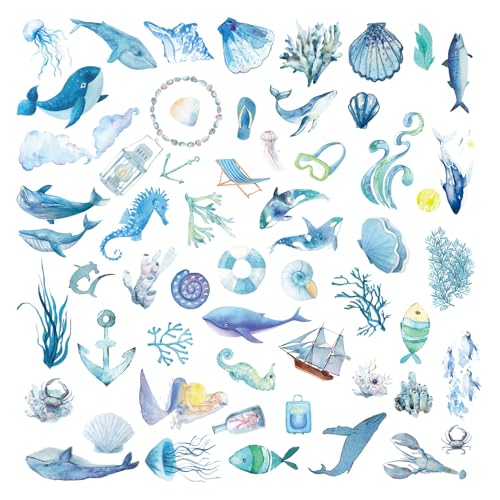 50 Stück Aquarell Ozean Aufkleber Blue Ocean Tieraufkleber Wasserdichte Sammelalbum Aufkleber Unter dem Meer Fisch Wandtattoos Dekorative ästhetische Aufkleber für Journal Laptops Gitarrenkoffer von Mtbricey