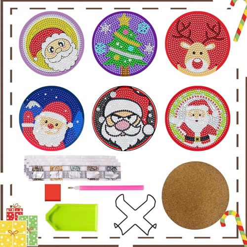 6 Stück Weihnachten Diamond Painting Untersetzer mit Halter,Diamant Kunst Untersetzer Kits,DIY Weihnachtsmann Weihnachtsbaum Untersetzer Diamant Malerei Set für Basteln Erwachsene Kinder Anfänger von Mtbricey