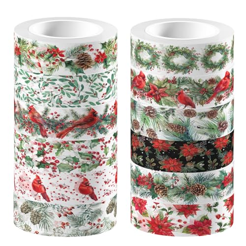 Weihnachten Washi Tape Set,12 Rollen Weihnachtskranz Vögel Entwürfe Dekorative Klebeband Dekoband Masking Tape 15mm Selbstklebendes Klebeband für Handwerk DIY Scrapbooking Geschenk Verpackung Dekor von Mtbricey