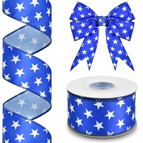 MuRealy Patriotisches Band mit Draht, 3,8 cm x 9,1 m, rot-weißes und blaues Band, 4. Juli Sternband, für Kränze, Basteln, große Schleifen, Geschenkverpackungen, Weihnachtsbaumschmuck von MuRealy