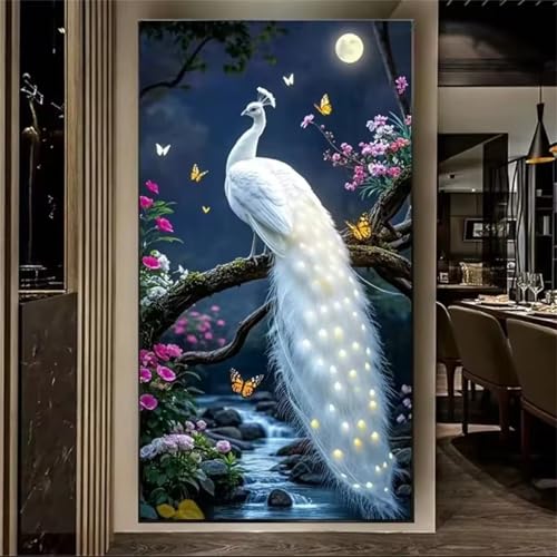 5D Diamond Painting,DIY Diamond Painting Kunst Weißer Pfaufür Erwachsene Kinder Diamant Malerei Runde Bohrer Stickerei Natürlich Kreuzstich Kunsthandwerk Wanddekoration 100x210cm von Muaor