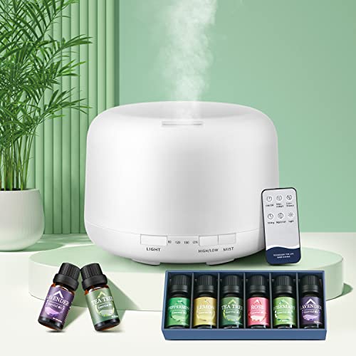 Aroma Diffuser Ätherische Öle, 500ML mit 6 Ätherischen Ölen Duftöl Diffuser, Ultrasonic 18 dB Raumduft Elektrisch, 7 Farbe+Musik-Player Defuser Luft Aroma Öle,Diffusor mit Fernbedienung,2 Nebelmodi von COOLNIGHT