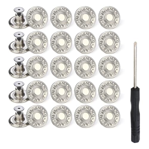 20 Sets verstellbare Knöpfe für Jeans, 20 mm, kein Nähen, sofortige Metallknöpfe, abnehmbare Jeansknöpfe, Ersatz-Reparatur-Set mit Gewinde, Nieten und Schraubendreher (Silber) von Much Hotter