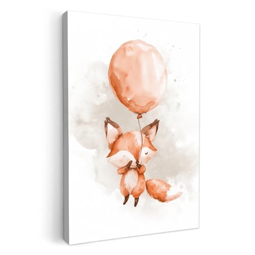 MuchoWow© Bild auf Leinwand 80x120 cm Schlafzimmer Bilder Kinderzimmer Wand Deko Modern Wanddeko Bilderwand Geschenk für Kinder Fuchs - Luftballon - Aquarell - Kinder - Mädchen von MuchoWow