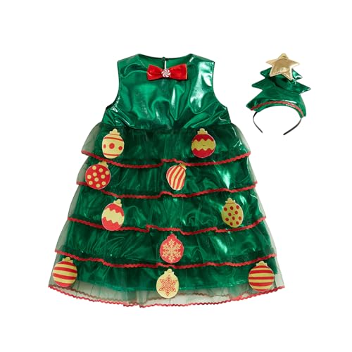 Mugoebu Weihnachtsbaum-Kostüm für Mädchen mit Fliege, gestuftem Netzstoff, gerüschtem Ballmuster, Trägerkleid, grüner Tüll, Kostümröcke, Weihnachtspartyrock für Kinder (Army Green, 110) von Mugoebu