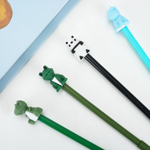 12 Stk Kawaii Stifte, Kugelschreiber Hochwertig, Schulsachen Aesthetic Stifte, Gelschreiber Schwarz mit Cartoon-Tier, Niedliche Stifte für Kinder,Büro,Geschenk (Dinosaurier/Panda/Löwen/Frösche) von Mulaibdin