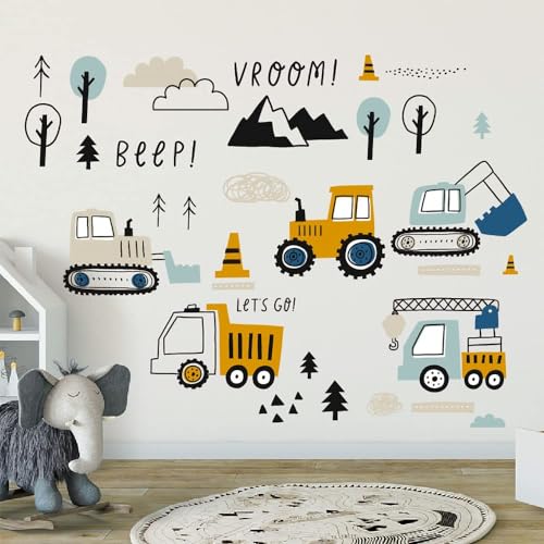 74 Stück Wandtattoo Kinderzimmer Junge, Baustelle Wandsticker Kinderzimmer Jungen Selbstklebend, Schlafzimmer Spielzimmer Wand Deko Bagger Bulldozer Straßenwalze Gabelstapler(Typ D) von Mulaibdin