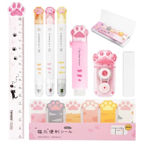 Mulaibdin Schreibwaren Set Kawaii, Cute School Stuff, Schulsachen Mädchen Aesthetic, Katzenpfoten Lineal Korrekturroller, Stifte Radiergummi Sticky Notes Katze, Stationery für Schüler,Kinder (Rosa) von Mulaibdin