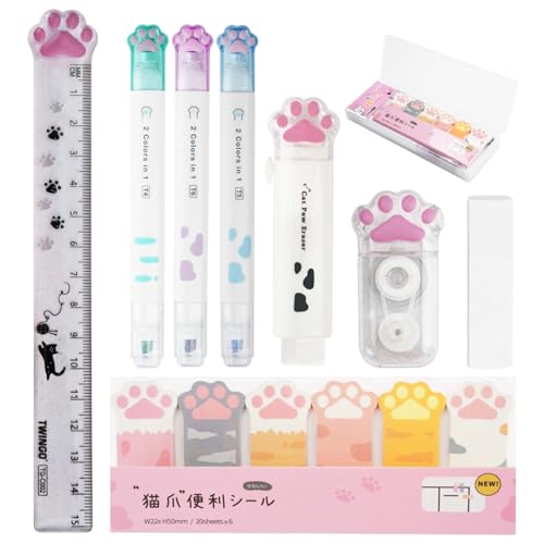 Mulaibdin Schreibwaren Set Kawaii, Cute School Stuff, Schulsachen Mädchen Aesthetic, Katzenpfoten Lineal Korrekturroller, Stifte Radiergummi Sticky Notes Katze, Stationery für Schüler,Kinder (Weiß) von Mulaibdin