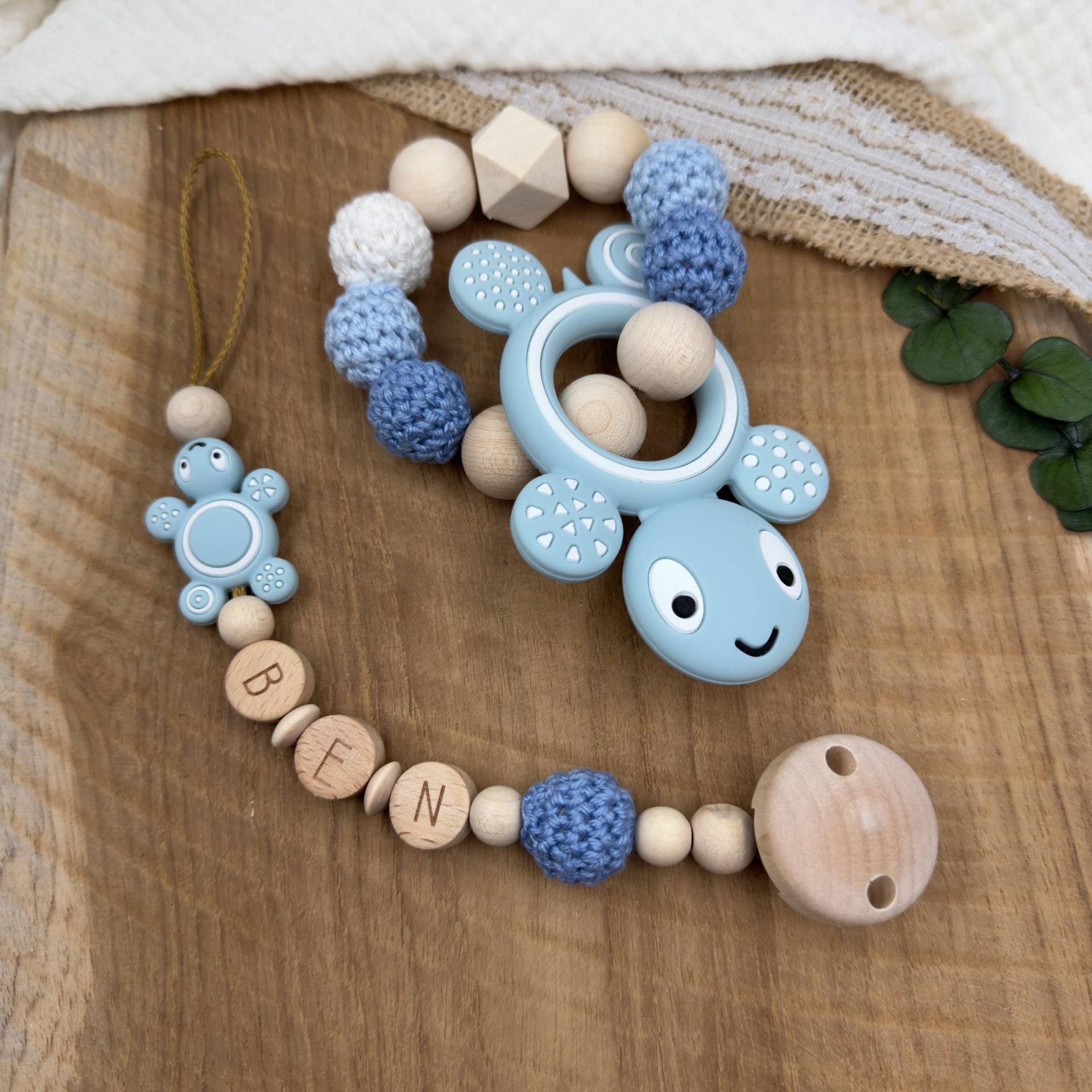 Schnullerkette | Greifling Greifring Schildkröte Blau Baby Junge Geburtsgeschenk Set Babygeschenk Silikon Mit Name von Mullitante