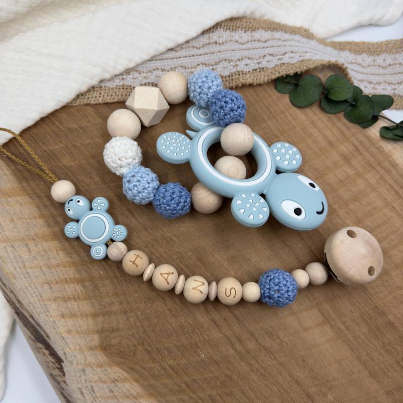 Schnullerkette | Greifling Greifring Schildkröte Blau Baby Junge Geburtsgeschenk Set Babygeschenk Silikon Mit Name von Mullitante