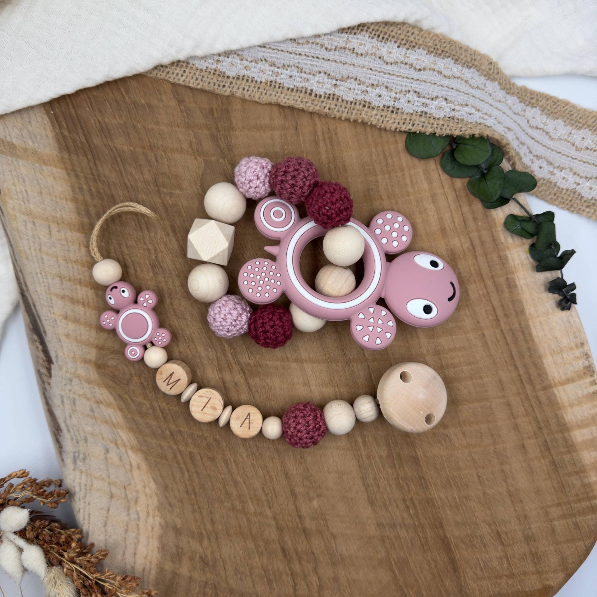 Schnullerkette | Greifling Greifring Schildkröte Rosa Baby Mädchen Geburtsgeschenk Set Babygeschenk Silikon Mit Name von Mullitante