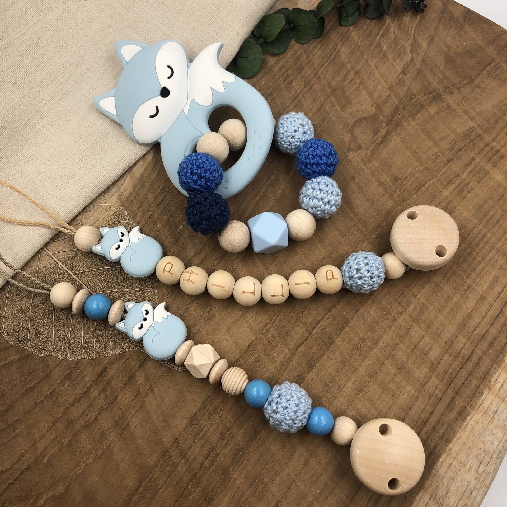 Schnullerkette Mit Name | Greifling Greifring Fuchs Blau Baby Junge Mädchen Geburtsgeschenk Babygeschenk Silikon Taufe von Mullitante