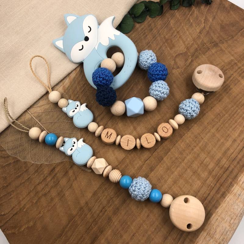 Schnullerkette Mit Name | Greifling Greifring Fuchs Blau Baby Junge Set Geburtsgeschenk Babygeschenk Silikon Taufe von Mullitante