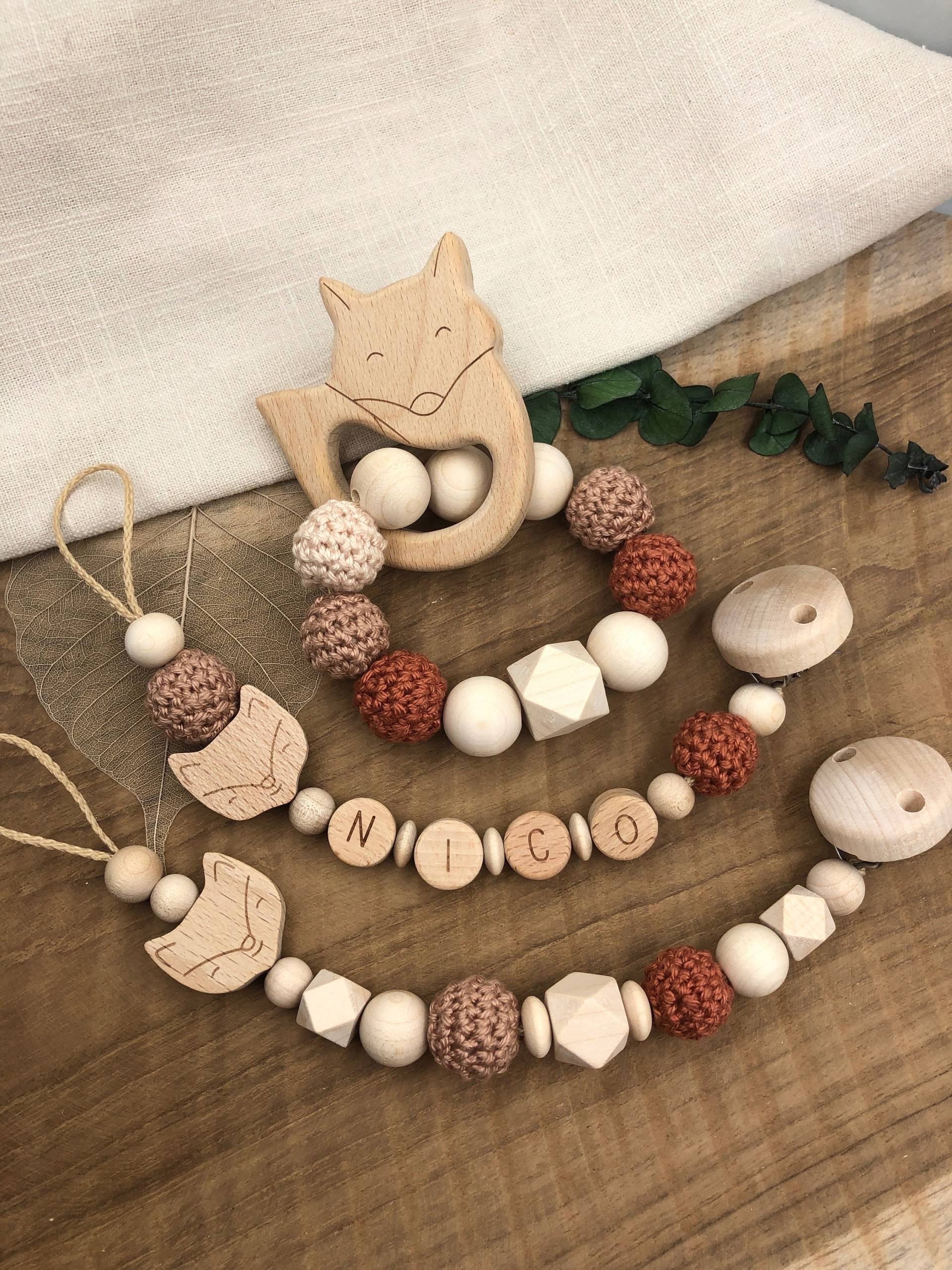 Schnullerkette Mit Name | Greifling Greifring Fuchs Braun Baby Junge Mädchen Geburtsgeschenk Babygeschenk Holz| Taufe von Mullitante