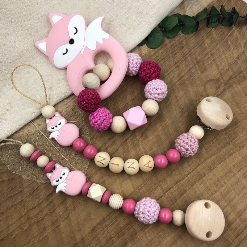 Schnullerkette Mit Name | Greifling Greifring Fuchs Rosa Baby Set| Mädchen Geburtsgeschenk Babygeschenk Silikon Taufe von Mullitante