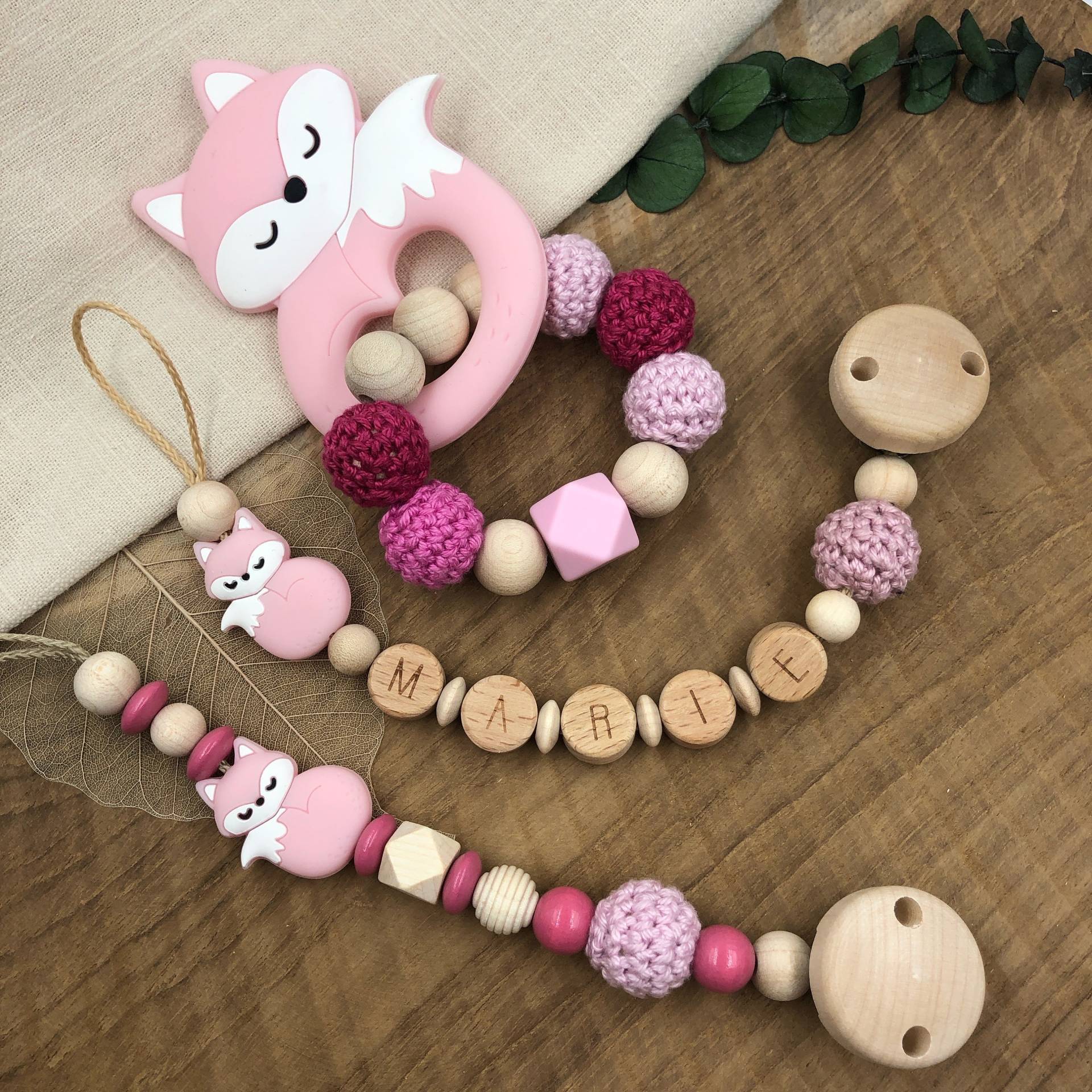 Schnullerkette Mit Name | Greifling Greifring Fuchs Rosa Baby Set Mädchen Geburtsgeschenk Babygeschenk Silikon Taufe von Mullitante