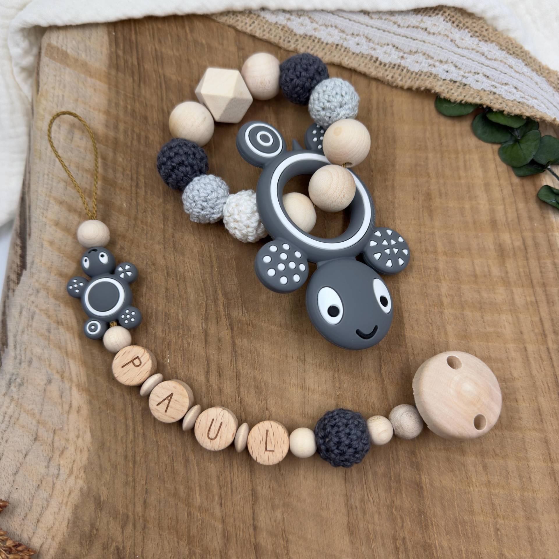 Schnullerkette Mit Name | Greifling Greifring Schildkröte Grau Baby Junge Geburtsgeschenk Set Babygeschenk Silikon von Mullitante