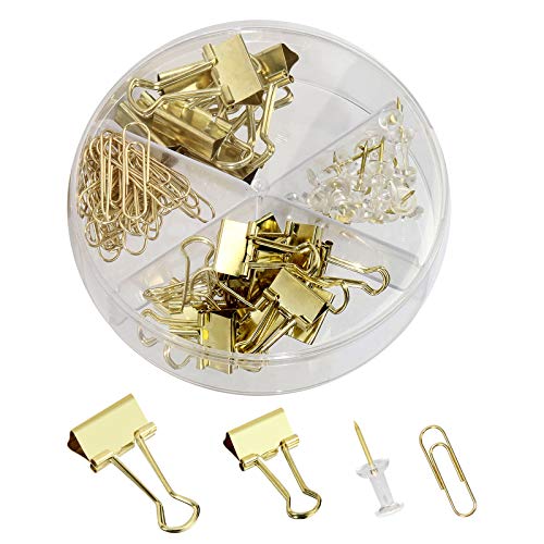 Gold Daumennägel Büroklammern Binder Clips Push Pins Set verschiedene Größen Binder Klemmen in runder Box Halter Dekorative Schreibtisch Zubehör Organizer von MultiBey