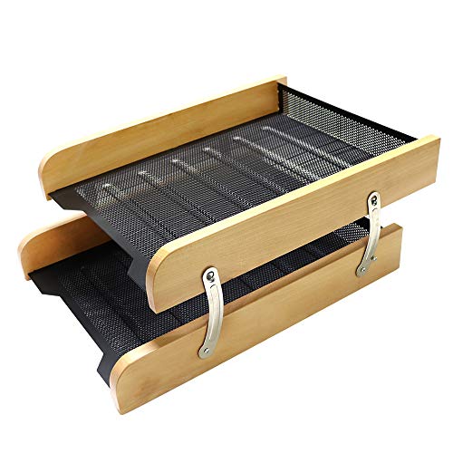 MultiBey Briefablage mit 2 Ebenen, aus Holz, Metallgeflecht, für Büro, Schreibtisch, Dokumente, Briefablage, Organizer, A4, Papieraufbewahrung (Holz) von MultiBey