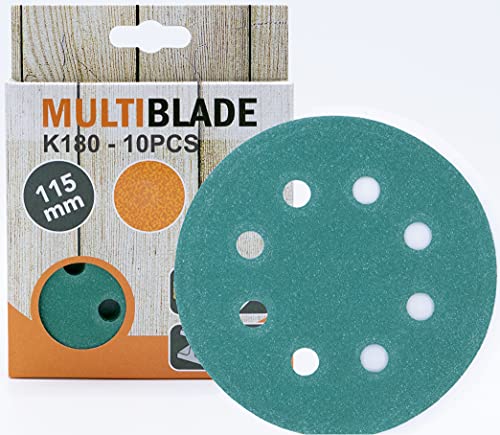 Multiblade Professioneller Klett Schleifscheiben 115mm, 10 Stück, Korn 180, 8 Löcher, für Holz und Metall, Profesioneller Qualität, für Exzenterschleifer, Rotationsschleifer von Multiblade