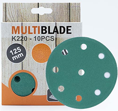 Multiblade Professioneller Klett Schleifscheiben 125mm, 10 Stück, Korn 220, 9 Löcher, für Holz und Metall, Profesioneller Qualität, für Exzenterschleifer, Rotationsschleifer von Multiblade