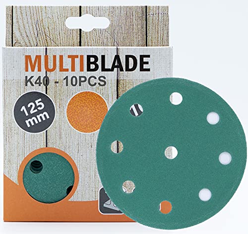 Multiblade Professioneller Klett Schleifscheiben 125mm, 10 Stück, Korn 40, 9 Löcher, für Holz und Metall, Profesioneller Qualität, für Exzenterschleifer, Rotationsschleifer von Multiblade