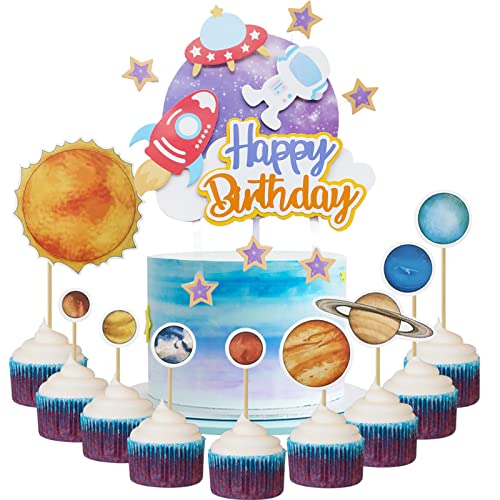 Mulukaya Sonnensystem Happy Birthday Cake Toppers Astronaut Rocket Outer Space Treat Cake Picks for First Trip Around the Sun Galaxy Birthday Party Decorations Supplies.. von Mulukaya