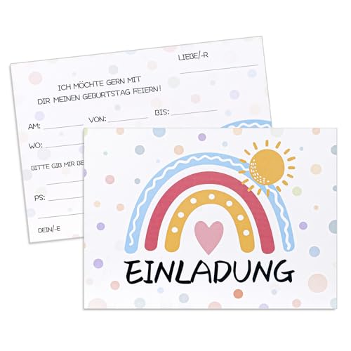 MumdoYAL 12 Stück Einladungskarten Kindergeburtstag | Karten mit Regenbogen- Herzform-Sonne-Motiven | Mädchen & Jungen | geburtstagseinladungen | Größe：150mmx108mm | Papiergewicht ：350g von MumdoYAL