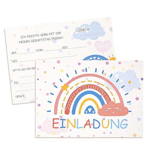 MumdoYAL 12 Stück Einladungskarten Kindergeburtstag | Karten mit Regenbogen- Herzform-Wolke-Motiven | Mädchen & Jungen | geburtstagseinladungen | Größe：150mmx108mm | Papiergewicht ：350g von MumdoYAL