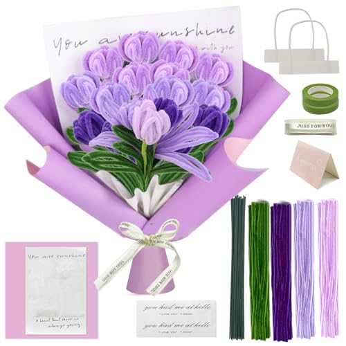 Mumjooyi Violett Tulpe Blumenstrauß Pfeifenreiniger Set mit 240 Stück Pfeifenputzer zum Basteln Blumen 15 Stück Grün Basteldraht Geschenkpapier Geschenkband Grußkarten Klebeband DIY Basteln von Mumjooyi