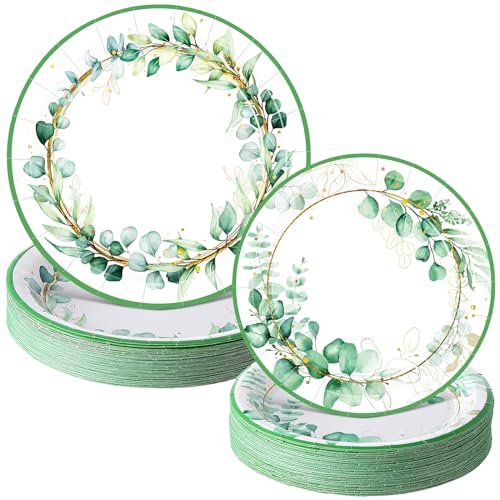 Mumufy 100 Stück Salbeigrün Pappteller Eukalyptus Speiseteller und grüne Blätter Dessertteller Frühling Sommer dekoratives Geschirr für Hochzeit Babyparty Brautparty Geburtstag Party Supplies von Mumufy