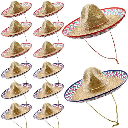 Mumufy Sombrero-Hüte für Erwachsene, Sombrero, Partyhut für Männer und Frauen, mit Kinnriemen, Strohhut, mexikanischer Hut, mexikanischer Kostüm, Party, frische Farbe, 12 Stück von Mumufy