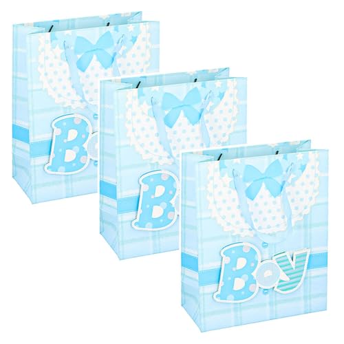 Murago - 3er Set Geschenktaschen " Boy " ca.32x26x12cm - Blau - Geschenktüten mit Henkel aus Schleifen groß robust dickes Papier Papiertüten Babyparty Neugeborenes Gastgeschenke Babyshower Deko Junge von Murago